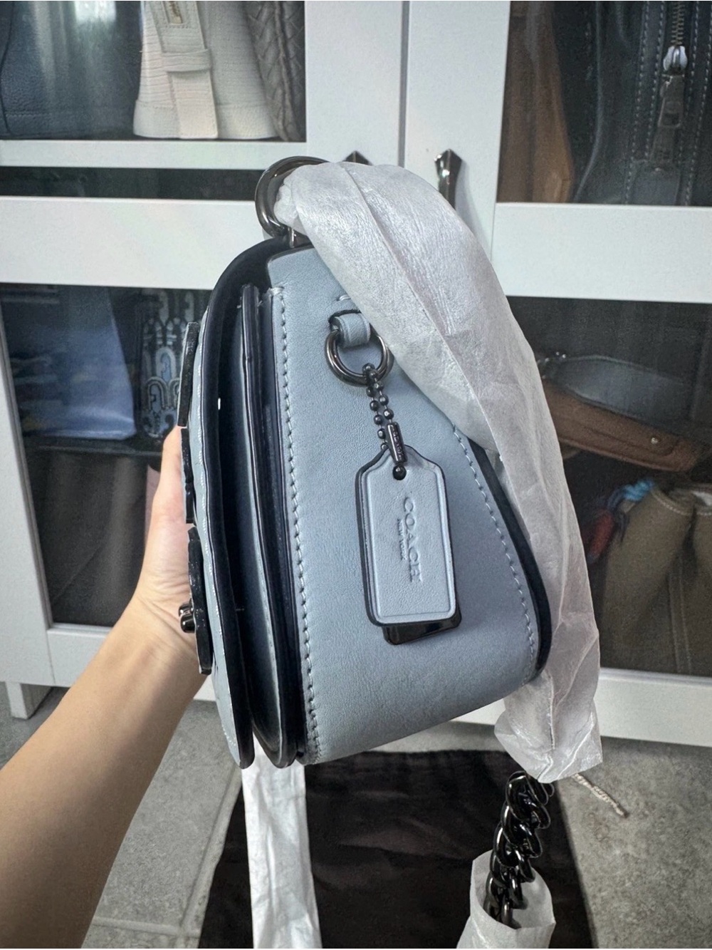 Coach Pale Blue Floral Leather Crossbody with Gunmetal Chain - Picture 8 of 13